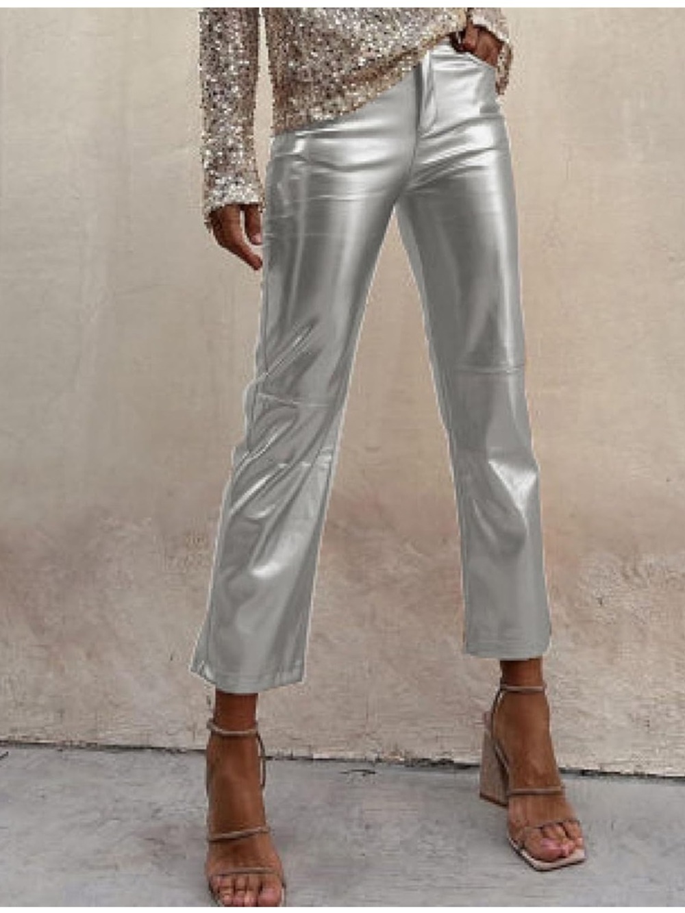 Metallic Silver Straight-Leg Capri Pants